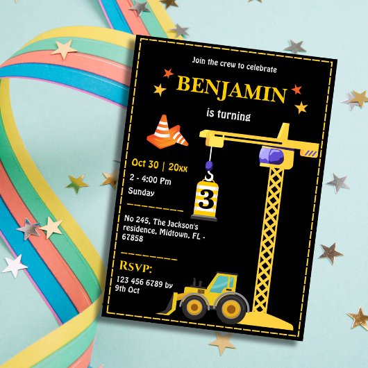 かわいいシンプル建築トラックの子供たち3歳の誕生日 招待状