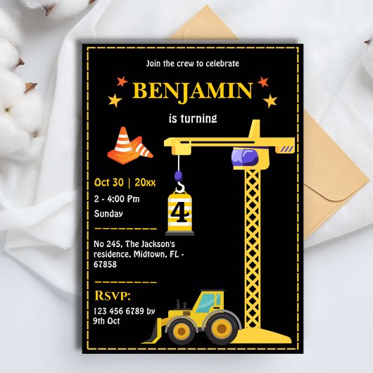 かわいいシンプル建築トラックの子供たち4歳の誕生日 招待状
