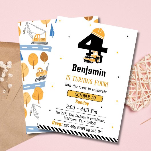 かわいいシンプル建築トラックの子供たち4歳の誕生日 招待状