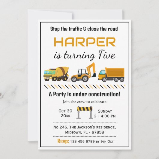 かわいいシンプル建築トラックの子供たち5歳の誕生日 招待状 (正面)