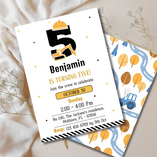 かわいいシンプル建築トラックの子供たち5歳の誕生日 招待状