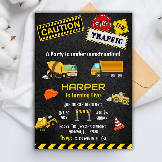 かわいいシンプル建築トラックの子供たち5歳の誕生日 招待状