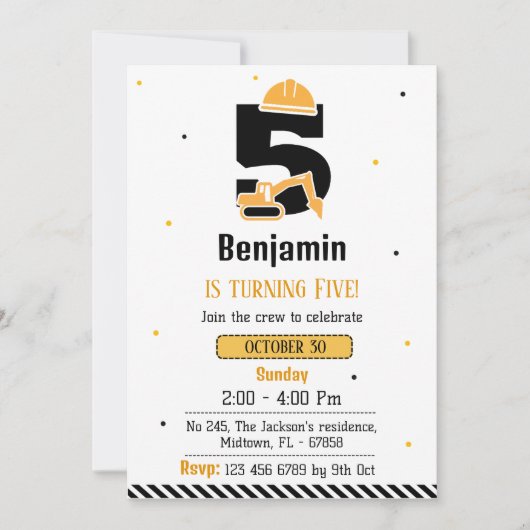 かわいいシンプル建築トラックの子供たち5歳の誕生日 招待状 (正面)