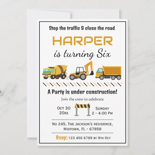 かわいいシンプル建築トラックの子供たち6歳の誕生日 招待状 (正面)