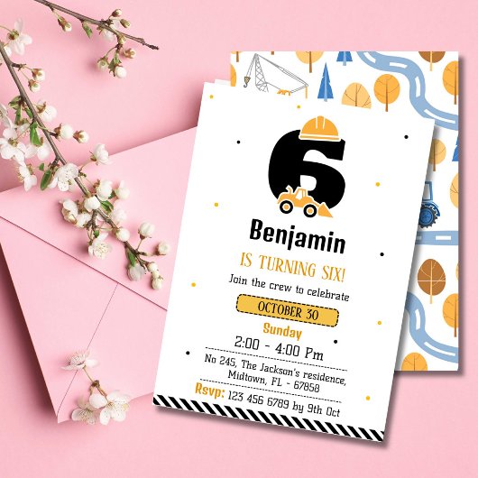 かわいいシンプル建築トラックの子供たち6歳の誕生日 招待状