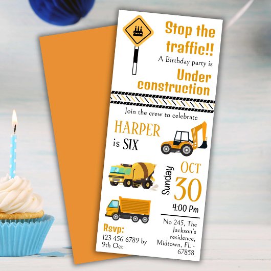 かわいいシンプル建築トラックの子供たち6歳の誕生日 招待状