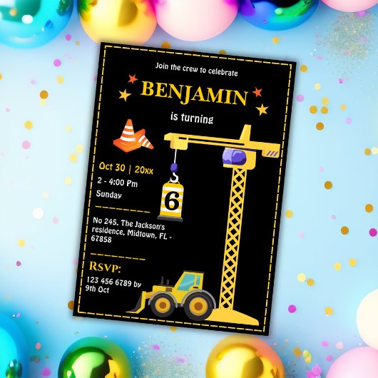 かわいいシンプル建築トラックの子供たち6歳の誕生日 招待状