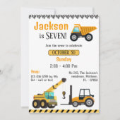 かわいいシンプル建築トラックの子供たち7歳の誕生日 招待状 (正面)