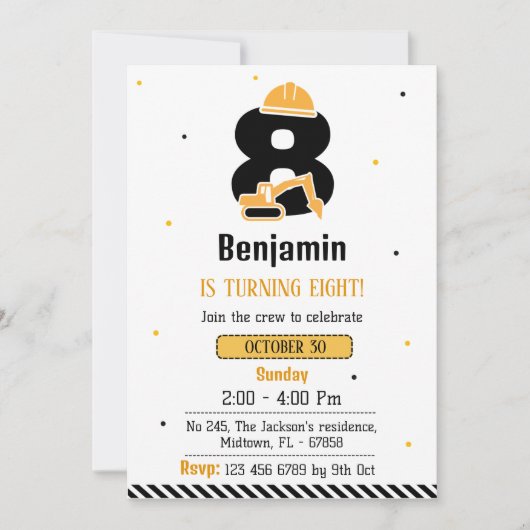 かわいいシンプル建築トラックの子供たち8歳の誕生日 招待状 (正面)