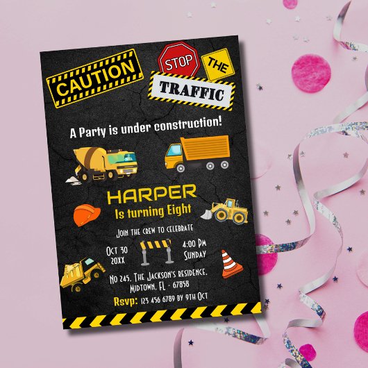 かわいいシンプル建築トラックの子供たち8歳の誕生日 招待状