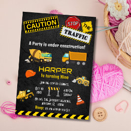 かわいいシンプル建築トラックの子供たち9歳の誕生日 招待状