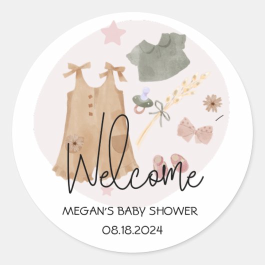 かわいいシンプル服ピンクの赤ちゃんシャワーへようこそ ラウンドシール (正面)