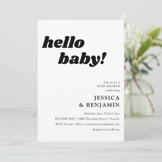 かわいいシンプル白い背景ハローベビーシャワー 招待状 (スタンド正面)