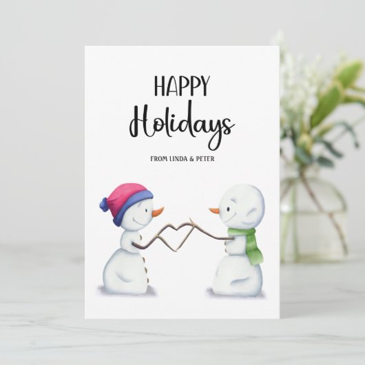 かわいいシンプル雪だるまカップルのクリスマス シーズンカード (スタンド正面)