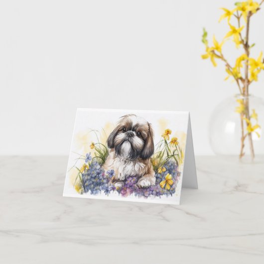かわいいシーズー子犬の空白グリーティングカード カード (黄色い花)