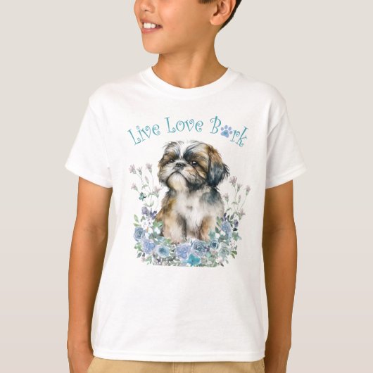 かわいいシーズー犬の花柄 Tシャツ (正面)