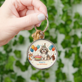 かわいいシーズー+パピー犬の誕生日パーティー キーホルダー