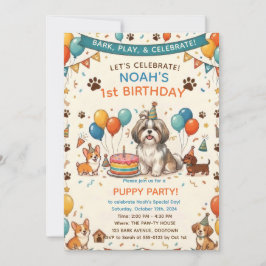 かわいいシーズー+パピー犬の誕生日パーティー 招待状