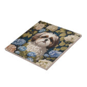 かわいいシーズー(犬)子犬の青あじさい花 タイル (側面)