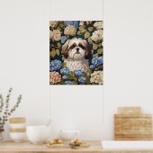 かわいいシーズー（犬）子犬の青あじさい花 ポスター (キッチン)