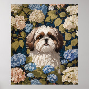 かわいいシーズー(犬)子犬の青あじさい花 ポスター