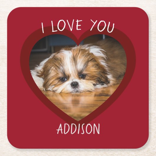 かわいいシーズー（犬）愛バレンタインハート写真 スクエアペーパーコースター (正面)