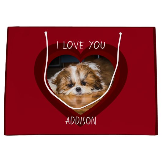 かわいいシーズー(犬)愛バレンタインハート写真 ラージペーパーバッグ (正面)