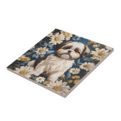 かわいいシーズー(犬)津犬ホワイトデイジー花 タイル (側面)