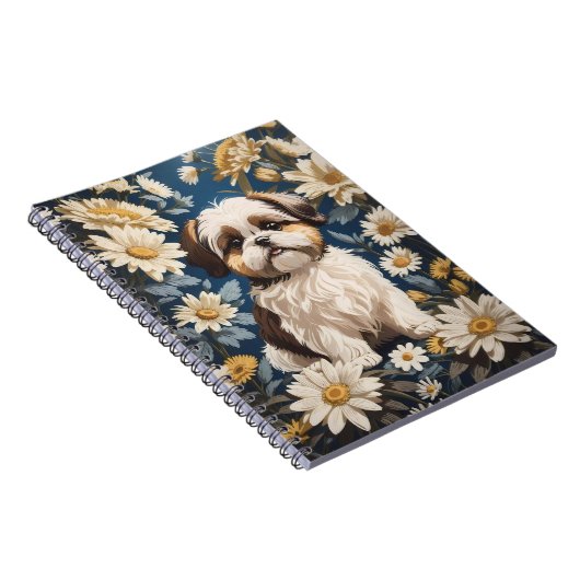 かわいいシーズー(犬)津犬ホワイトデイジー花 ノートブック (右側)