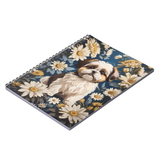 かわいいシーズー(犬)津犬ホワイトデイジー花 ノートブック (左側)