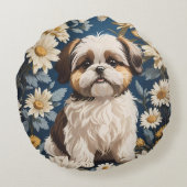 かわいいシーズー（犬）津犬ホワイトデイジー花 ラウンドクッション (裏面)