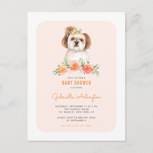 かわいいシーズー（犬）珠水色ピーチフローラ赤ちゃんシャワー インビテーションポストカード (正面)