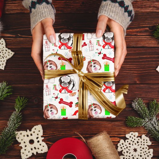 かわいいシーズー(犬)Tzuクリスマスシームレスパターン ラッピングペーパーシート