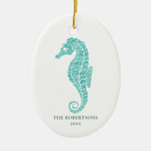かわいいシーホースアクアグリッターコースタルクリスマスフォト セラミックオーナメント (正面)