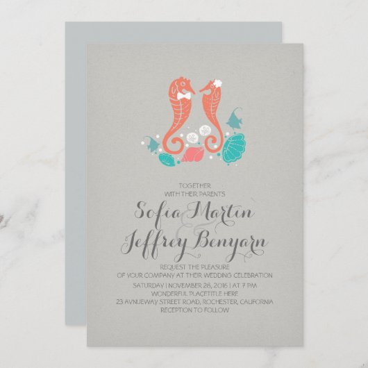 かわいいシーホースカジュアルビーチ結婚式招待 招待状 (正面/裏面)