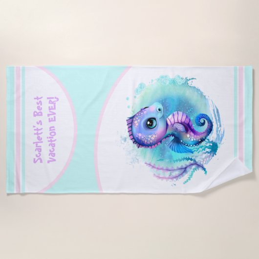 かわいいシーホースサマーバケーションガールパーソナライズされたズ ビーチタオル (正面)