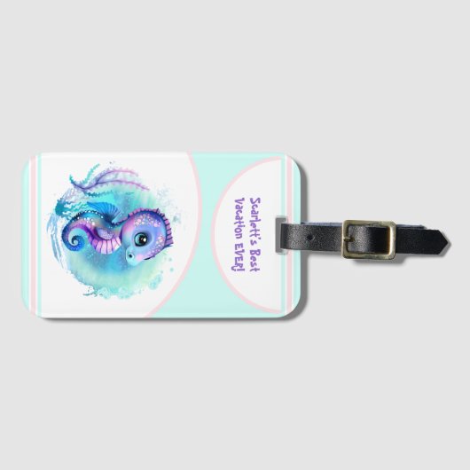 かわいいシーホースサマーバケーションガールパーソナライズされたズ ラゲッジタグ (正面横)