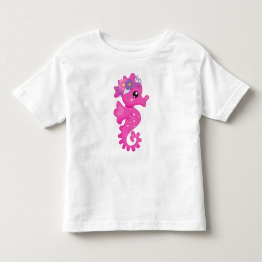かわいいシーホース、ピンクのシーホース、花、シーシェル トドラーTシャツ (正面)