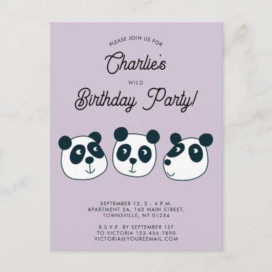 かわいいジャイアントパンダのクマ誕生日パーティーの招待状 ポストカード (正面)