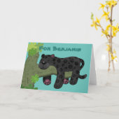 かわいいジャガーブラックパンサー猫漫画イラストレーション カード (黄色い花)