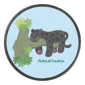 かわいいジャガー黒ヒョウ猫の漫画イラストレーション アイスホッケーパック (正面)