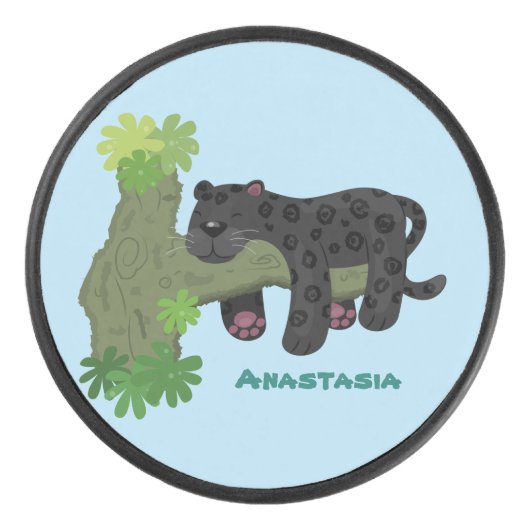 かわいいジャガー黒ヒョウ猫の漫画イラストレーション アイスホッケーパック (正面)