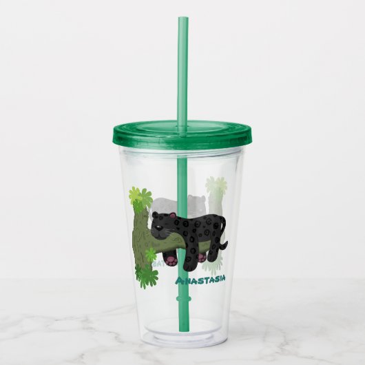 かわいいジャガー黒ヒョウ猫の漫画イラストレーション アクリルタンブラー (正面)