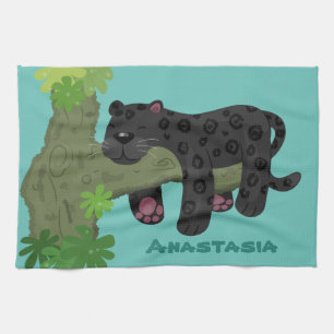 かわいいジャガー黒ヒョウ猫の漫画イラストレーション キッチンタオル