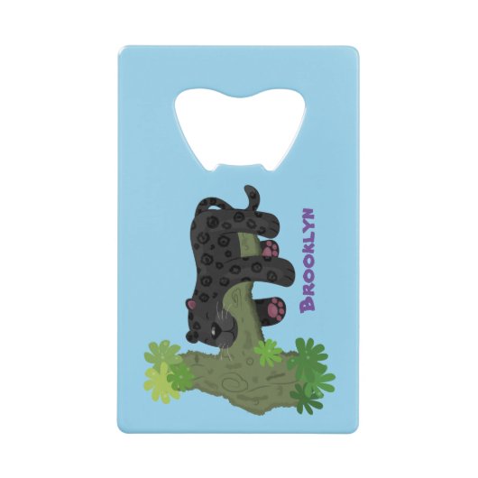 かわいいジャガー黒ヒョウ猫の漫画イラストレーション クレジットカード栓抜き (正面)