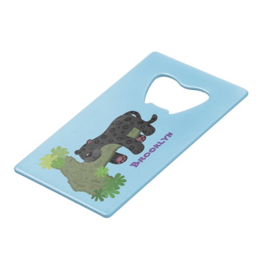 かわいいジャガー黒ヒョウ猫の漫画イラストレーション クレジットカード栓抜き (正面アングル)