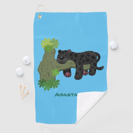 かわいいジャガー黒ヒョウ猫の漫画イラストレーション ゴルフタオル (インサイチュ)