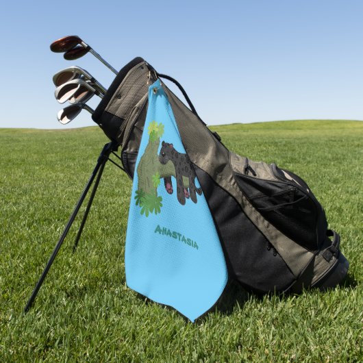 かわいいジャガー黒ヒョウ猫の漫画イラストレーション ゴルフタオル (グリーン)