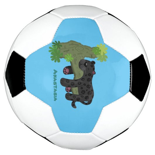 かわいいジャガー黒ヒョウ猫の漫画イラストレーション サッカーボール (回転)