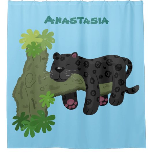 かわいいジャガー黒ヒョウ猫の漫画イラストレーション シャワーカーテン (正面)
